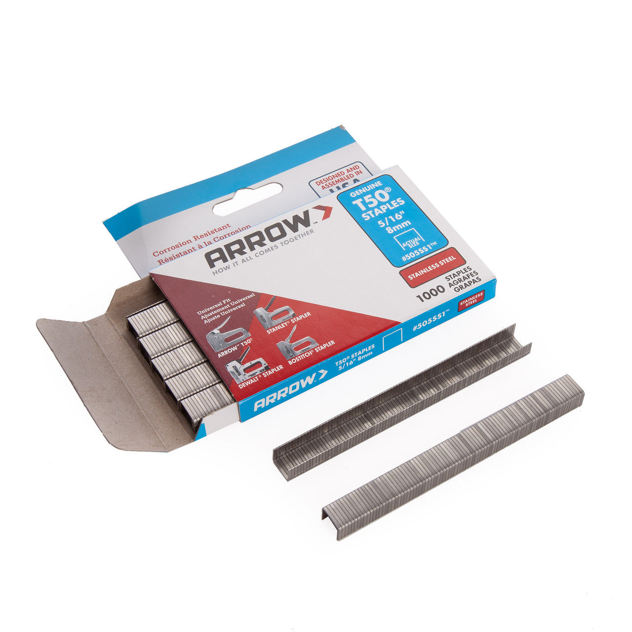 Arrow 505SS1 T50 Heavy-Duty Stainless Steel Staples 8mm (Pack of 1000)