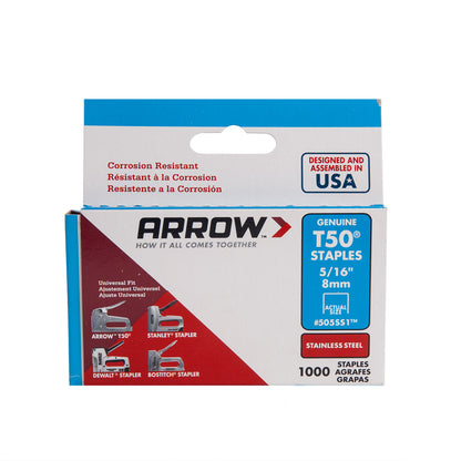 Arrow 505SS1 T50 Heavy-Duty Stainless Steel Staples 8mm (Pack of 1000)